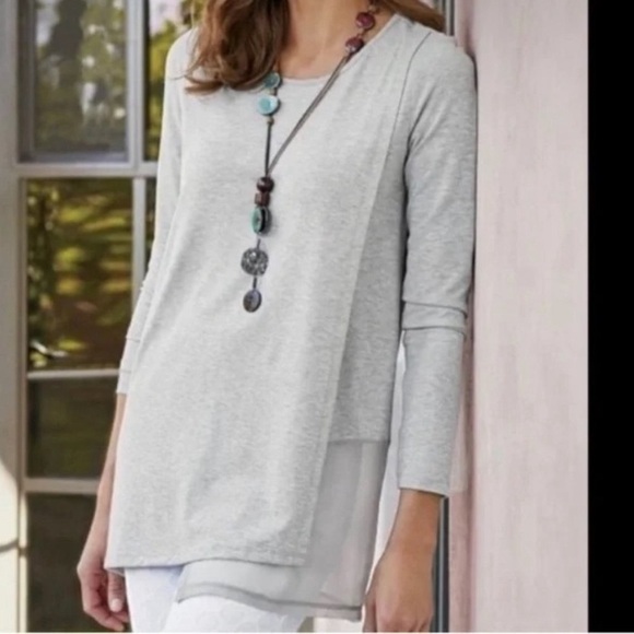 Soft Surroundings Touch Of Sheer Gray Uneven Faux Wrap Long Sleeves Top Medium - Picture 1 of 7